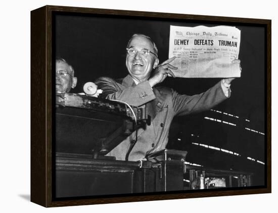 Harry Truman Jubilantly Displaying Erroneous Chicago Daily Tribune Headline "Dewey Defeats Truman"-W^ Eugene Smith-Framed Premier Image Canvas