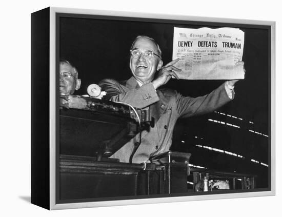 Harry Truman Jubilantly Displaying Erroneous Chicago Daily Tribune Headline "Dewey Defeats Truman"-W^ Eugene Smith-Framed Premier Image Canvas