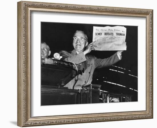 Harry Truman Jubilantly Displaying Erroneous Chicago Daily Tribune Headline "Dewey Defeats Truman"-W^ Eugene Smith-Framed Photographic Print