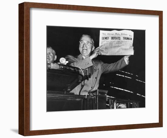 Harry Truman Jubilantly Displaying Erroneous Chicago Daily Tribune Headline "Dewey Defeats Truman"-W^ Eugene Smith-Framed Photographic Print