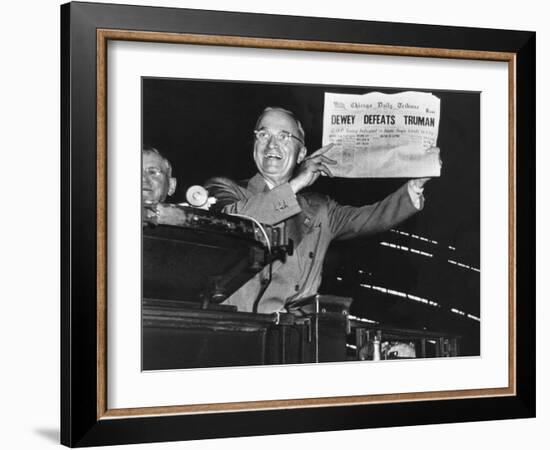 Harry Truman Jubilantly Displaying Erroneous Chicago Daily Tribune Headline "Dewey Defeats Truman"-W^ Eugene Smith-Framed Photographic Print