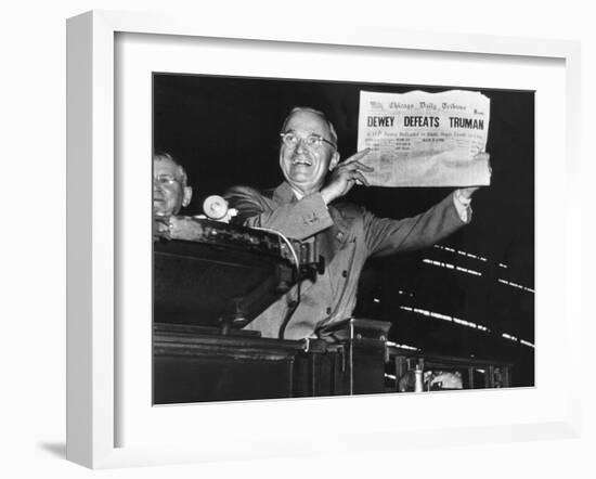 Harry Truman Jubilantly Displaying Erroneous Chicago Daily Tribune Headline "Dewey Defeats Truman"-W^ Eugene Smith-Framed Photographic Print