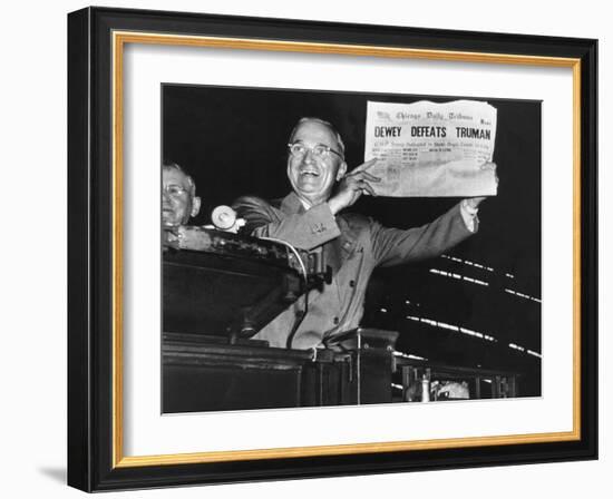 Harry Truman Jubilantly Displaying Erroneous Chicago Daily Tribune Headline "Dewey Defeats Truman"-W^ Eugene Smith-Framed Photographic Print