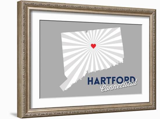 Hartford, Connecticut - Home State - White on Gray with Heart and Rays-Lantern Press-Framed Art Print