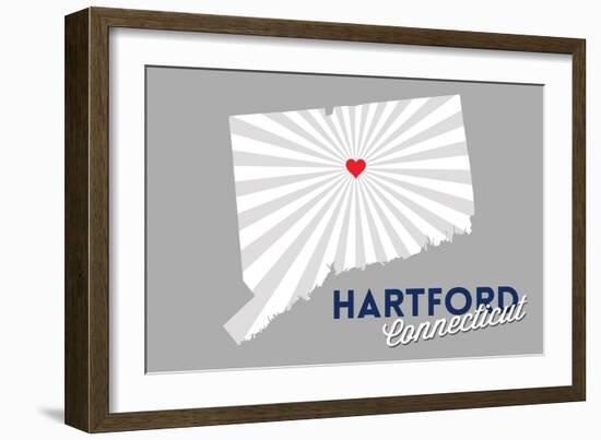 Hartford, Connecticut - Home State - White on Gray with Heart and Rays-Lantern Press-Framed Art Print