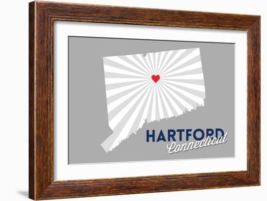 Hartford, Connecticut - Home State - White on Gray with Heart and Rays-Lantern Press-Framed Art Print