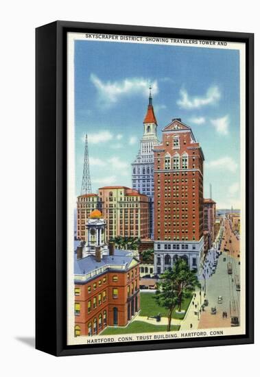 Hartford, Connecticut - Trust Bldg and Travelers Tower View-Lantern Press-Framed Stretched Canvas