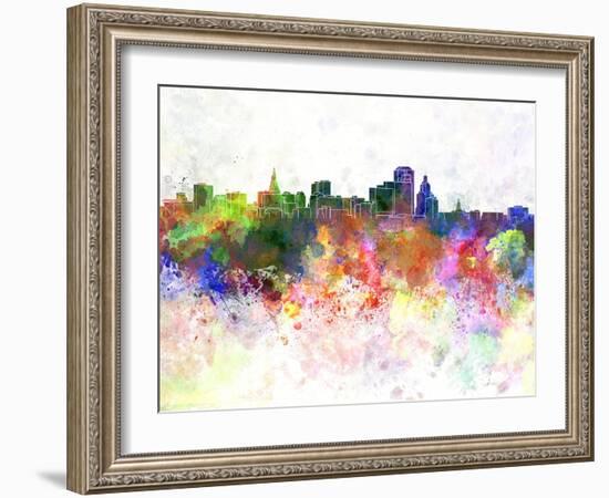 Hartford Skyline in Watercolor Background-paulrommer-Framed Art Print