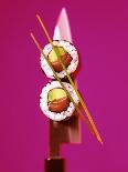Two Maki-Sushi with Avocado and Salmon on Knife-Hartmut Kiefer-Photographic Print