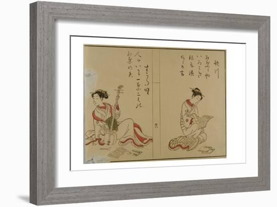 Harunobu Style Beauties Reading and Posing with Samisen, 19Th Century (Woodblock Print on Paper)-Suzuki Harunobu-Framed Giclee Print