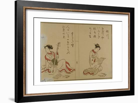 Harunobu Style Beauties Reading and Posing with Samisen, 19Th Century (Woodblock Print on Paper)-Suzuki Harunobu-Framed Giclee Print