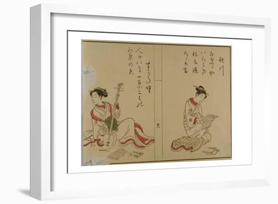 Harunobu Style Beauties Reading and Posing with Samisen, 19Th Century (Woodblock Print on Paper)-Suzuki Harunobu-Framed Giclee Print