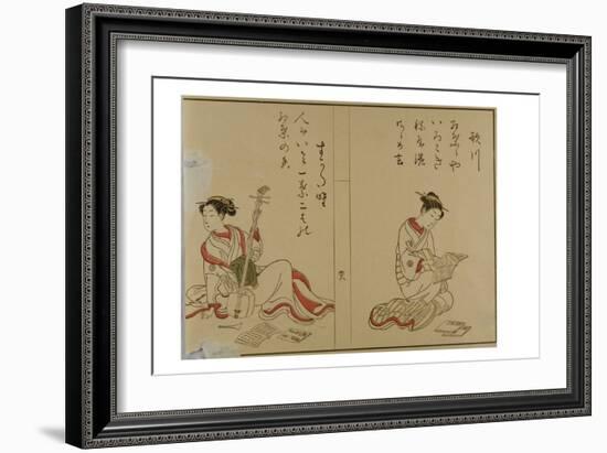 Harunobu Style Beauties Reading and Posing with Samisen, 19Th Century (Woodblock Print on Paper)-Suzuki Harunobu-Framed Giclee Print