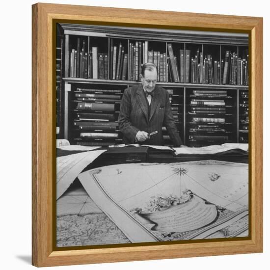 Harvard University Professor Sammuel Eliot Morison Studying a Map in One of Harvard's Libraries-Dmitri Kessel-Framed Premier Image Canvas