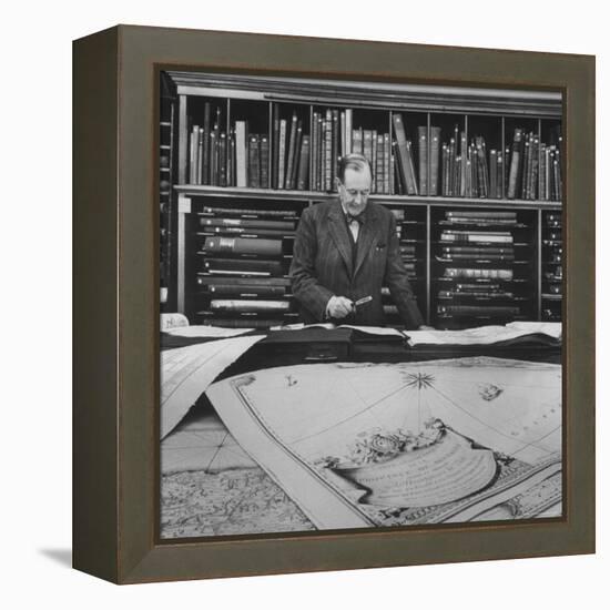 Harvard University Professor Sammuel Eliot Morison Studying a Map in One of Harvard's Libraries-Dmitri Kessel-Framed Premier Image Canvas