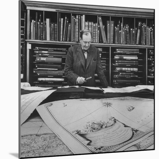 Harvard University Professor Sammuel Eliot Morison Studying a Map in One of Harvard's Libraries-Dmitri Kessel-Mounted Premium Photographic Print