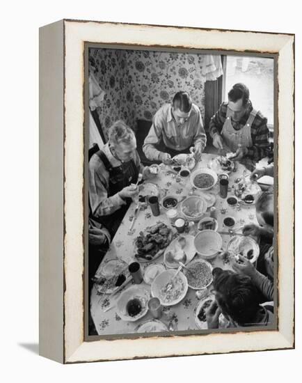 Harvest Farm Hands Eating Lunch Served by Their Wives in Kitchen of Farmhouse-Alfred Eisenstaedt-Framed Premier Image Canvas