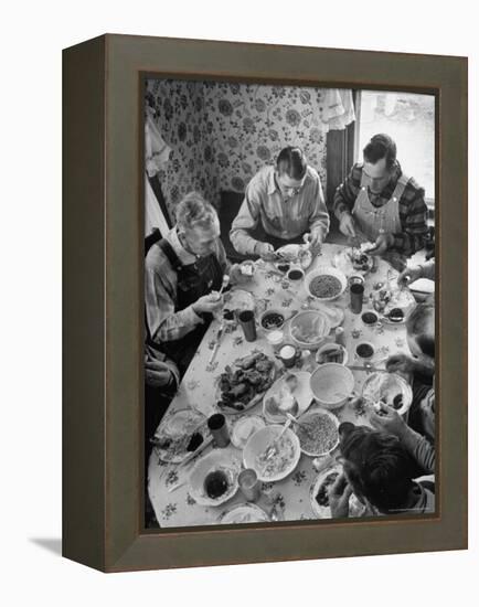 Harvest Farm Hands Eating Lunch Served by Their Wives in Kitchen of Farmhouse-Alfred Eisenstaedt-Framed Premier Image Canvas