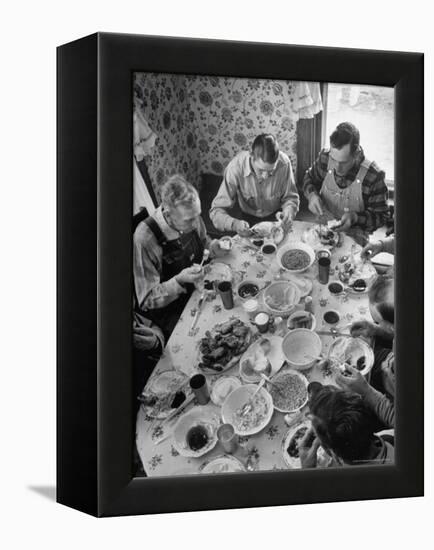 Harvest Farm Hands Eating Lunch Served by Their Wives in Kitchen of Farmhouse-Alfred Eisenstaedt-Framed Premier Image Canvas