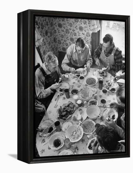 Harvest Farm Hands Eating Lunch Served by Their Wives in Kitchen of Farmhouse-Alfred Eisenstaedt-Framed Premier Image Canvas