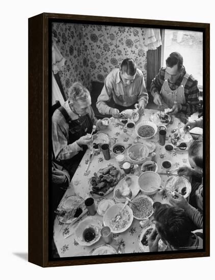 Harvest Farm Hands Eating Lunch Served by Their Wives in Kitchen of Farmhouse-Alfred Eisenstaedt-Framed Premier Image Canvas