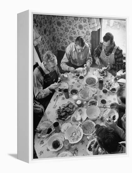 Harvest Farm Hands Eating Lunch Served by Their Wives in Kitchen of Farmhouse-Alfred Eisenstaedt-Framed Premier Image Canvas