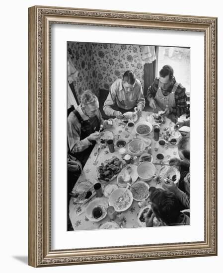 Harvest Farm Hands Eating Lunch Served by Their Wives in Kitchen of Farmhouse-Alfred Eisenstaedt-Framed Photographic Print