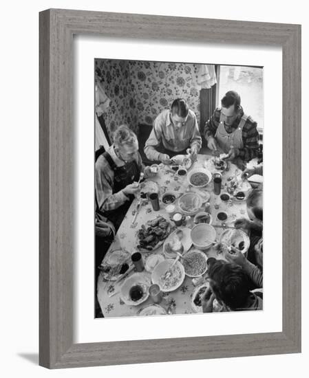 Harvest Farm Hands Eating Lunch Served by Their Wives in Kitchen of Farmhouse-Alfred Eisenstaedt-Framed Photographic Print