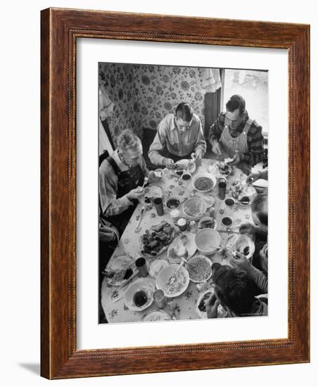 Harvest Farm Hands Eating Lunch Served by Their Wives in Kitchen of Farmhouse-Alfred Eisenstaedt-Framed Photographic Print