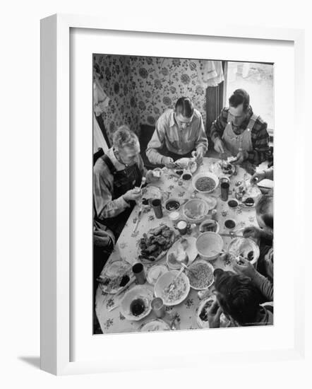 Harvest Farm Hands Eating Lunch Served by Their Wives in Kitchen of Farmhouse-Alfred Eisenstaedt-Framed Photographic Print