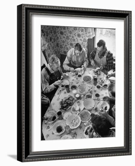 Harvest Farm Hands Eating Lunch Served by Their Wives in Kitchen of Farmhouse-Alfred Eisenstaedt-Framed Photographic Print