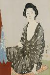 A Beauty in a Black Kimono with White Hanabishi Patterns Seated Before a Mirror-Hashiguchi Goyo-Giclee Print