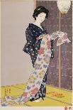 A Beauty in a Black Kimono with White Hanabishi Patterns Seated Before a Mirror-Hashiguchi Goyo-Giclee Print