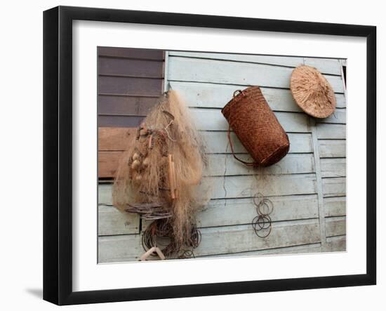 Hat, Basket, and Fishing Net Hanging Outside Iban Longhouse, Sarawak, Borneo, Malaysia-Jay Sturdevant-Framed Photographic Print