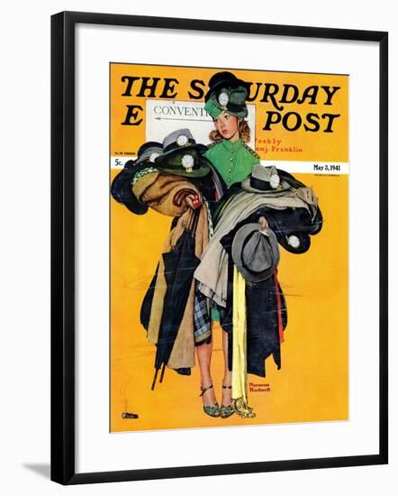 "Hatcheck Girl" Saturday Evening Post Cover, May 3,1941-Norman Rockwell-Framed Premium Giclee Print