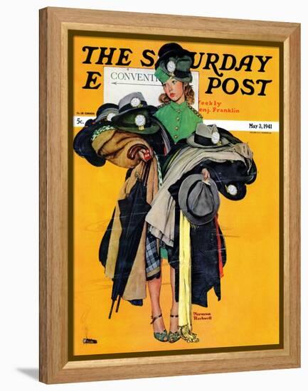 "Hatcheck Girl" Saturday Evening Post Cover, May 3,1941-Norman Rockwell-Framed Premier Image Canvas