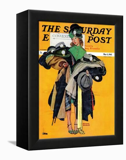 "Hatcheck Girl" Saturday Evening Post Cover, May 3,1941-Norman Rockwell-Framed Premier Image Canvas