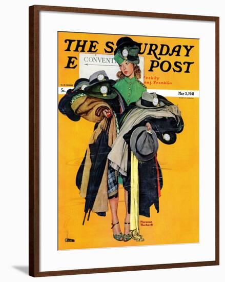 "Hatcheck Girl" Saturday Evening Post Cover, May 3,1941-Norman Rockwell-Framed Giclee Print