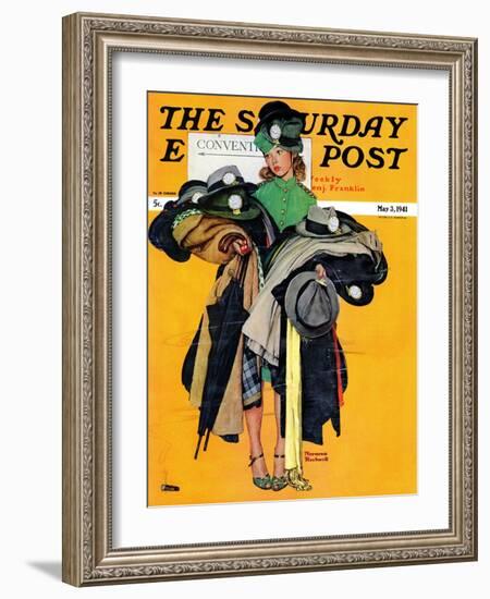 "Hatcheck Girl" Saturday Evening Post Cover, May 3,1941-Norman Rockwell-Framed Giclee Print