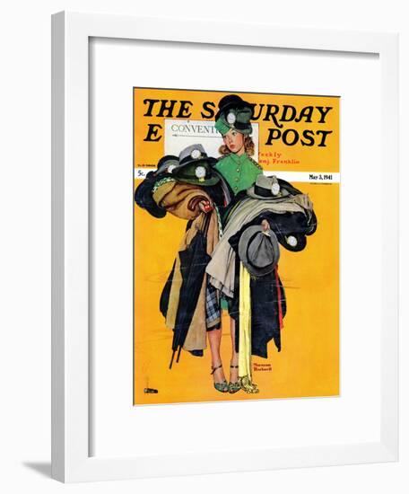 "Hatcheck Girl" Saturday Evening Post Cover, May 3,1941-Norman Rockwell-Framed Giclee Print