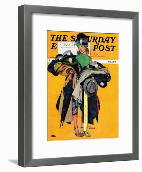 "Hatcheck Girl" Saturday Evening Post Cover, May 3,1941-Norman Rockwell-Framed Giclee Print