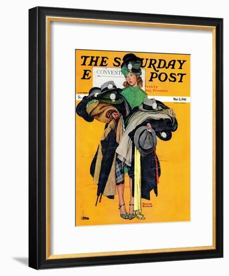 "Hatcheck Girl" Saturday Evening Post Cover, May 3,1941-Norman Rockwell-Framed Giclee Print
