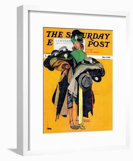 "Hatcheck Girl" Saturday Evening Post Cover, May 3,1941-Norman Rockwell-Framed Giclee Print