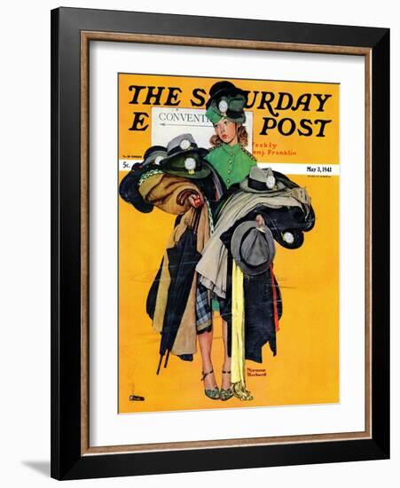 "Hatcheck Girl" Saturday Evening Post Cover, May 3,1941-Norman Rockwell-Framed Giclee Print