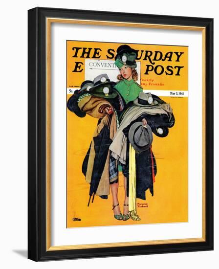 "Hatcheck Girl" Saturday Evening Post Cover, May 3,1941-Norman Rockwell-Framed Giclee Print