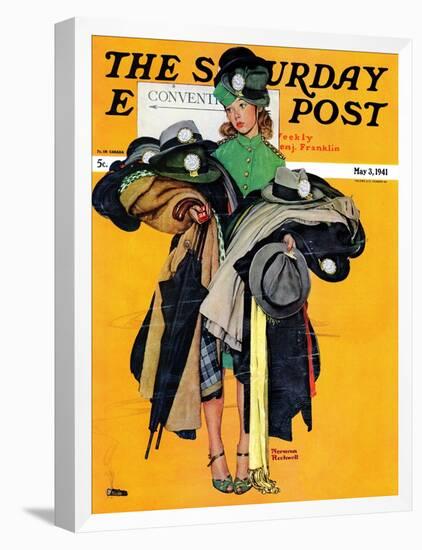 "Hatcheck Girl" Saturday Evening Post Cover, May 3,1941-Norman Rockwell-Framed Premier Image Canvas