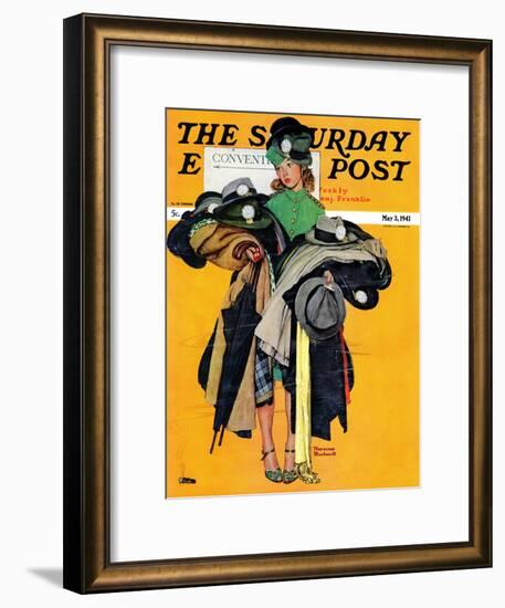 "Hatcheck Girl" Saturday Evening Post Cover, May 3,1941-Norman Rockwell-Framed Premium Giclee Print