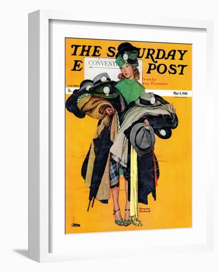 "Hatcheck Girl" Saturday Evening Post Cover, May 3,1941-Norman Rockwell-Framed Premium Giclee Print