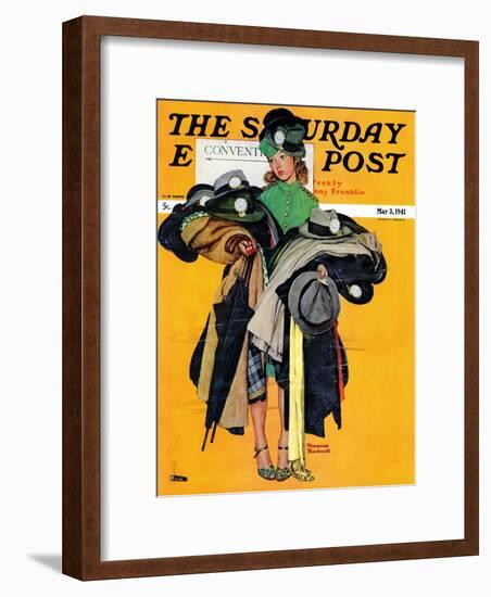 "Hatcheck Girl" Saturday Evening Post Cover, May 3,1941-Norman Rockwell-Framed Premium Giclee Print