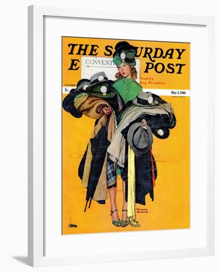 "Hatcheck Girl" Saturday Evening Post Cover, May 3,1941-Norman Rockwell-Framed Giclee Print